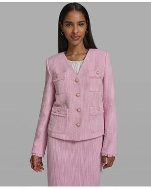 KARL LAGERFELD V Neck Woven Cropped Jacket Crewneck Knit Top Woven Pencil Skirt - Pink