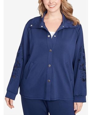 Ruby Rd. Plus Size Embroidered Floral Cutout Snap Jacket - Blue