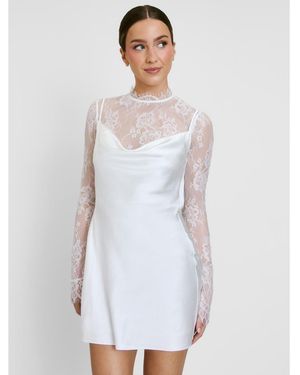 Six Stories Lace Sleeve Cowl Satin Mini Dress - White