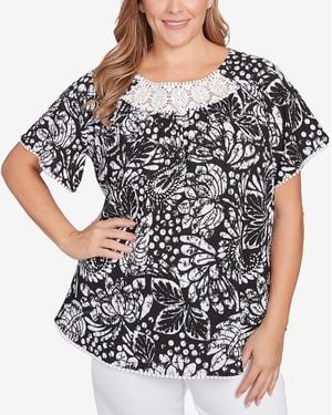 Ruby Rd. Plus Size Batik Island Paisley Lace Neck Top - Gray