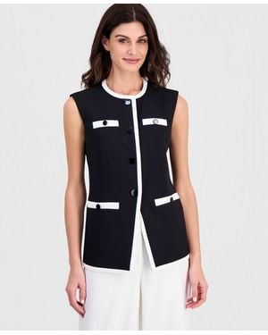 Anne Klein Structured Stretch Contrast Trim Four-button Vest - Blue