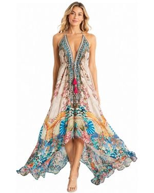 La Moda Clothing Floral Halter Plunge Maxi Dress - Blue