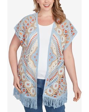 Ruby Rd. Plus Size Crochet Fringe Short Sleeve Cardigan Sweater - Blue