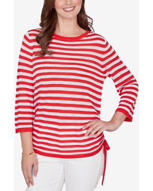 Ruby Rd. Petite Featherweight Stripe Crew Neck Sweater - Red
