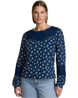 Lands' End Plus Size Long Sleeve Slub Pintuck Top - Blue