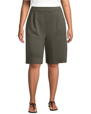 Lands' End Plus Size Sport Knit High Rise Pleated 12" Bermuda Shorts - Green