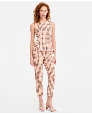 Tahari Gingham Sleeveless Peplum Top Gingham Cropped Slim Pants - Pink