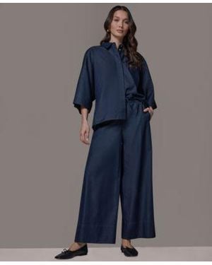 Donna Karan Weekend Bali Dolman Denim Button Down Cotton Shirt Bali Relaxed Beach Pull On Pants - Blue