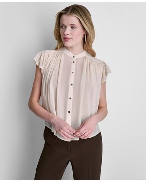 DKNY Petite Woven Chiffon Crewneck Blouse - Pink
