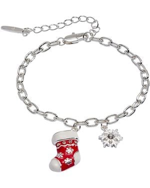 ALEX AND ANI Milk & Cookies Crystal Silver-tone Stocking & Snowflake Adjustable Charm Bracelet - White