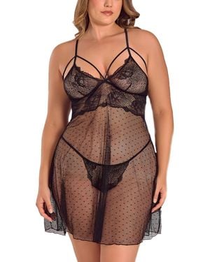 iCollection Plus Size Lace And Dotted Mesh Babydoll Lingerie Set - Brown