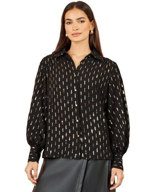 Yumi' Sequin Dash Collared Long-sleeve Blouse - Black