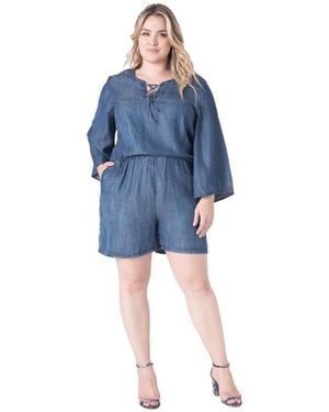 Standards & Practices Plus Size Barbie Bell-sleeve Lace-up V-neck Denim Romper - Blue