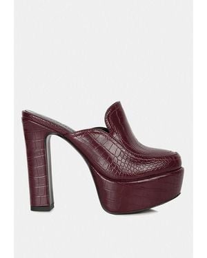 Rag & Co Bauhaus Croc Pattern Heeled Platform Mules - Purple