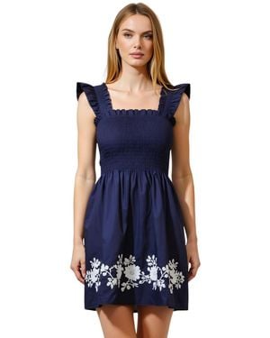 Modenaire Smocked Ruffle Strap Floral Embroidery Mini Dress - Blue