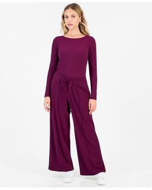 INC International Concepts Petite Ribbed Knit High Rise Drawstring Wide-leg Pants - Purple