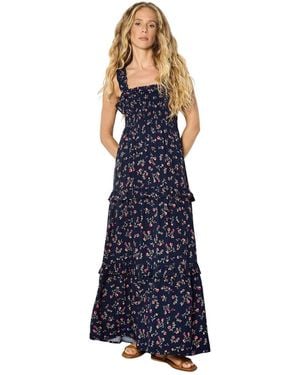 Apricot Ditsy-floral Tiered-ruffle Smocked Maxi Dress - Blue