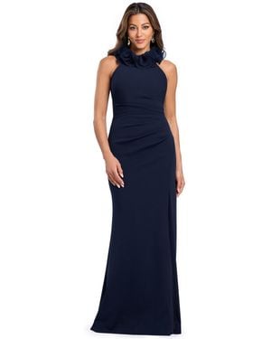 Xscape Jessica Halter Ruffled-collar Ruched Side-slit Gown - Blue