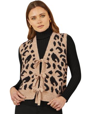 Yumi' Knitted Cheetah Print Tie Waistcoat - Black