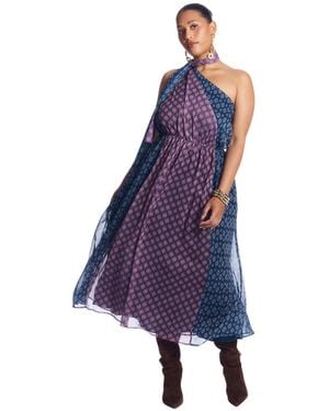 June + Vie Plus Size One-shoulder Chiffon Maxi Dress With Neck Tie - Blue