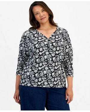 Style & Co. Plus Size Glistening Floral Henley 3/4-sleeve Cotton-blend Top - Black
