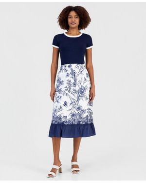 Tahari Printed Ruffled-hem Pull-on Skirt - Blue
