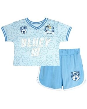 Bluey Toddler Girls' 2t-5t Athletic V-neck Retro Jersey Top And Shorts - Blue