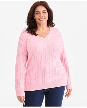 Style & Co. Plus Size Cotton Cable-knit V-neck Sweater - Pink