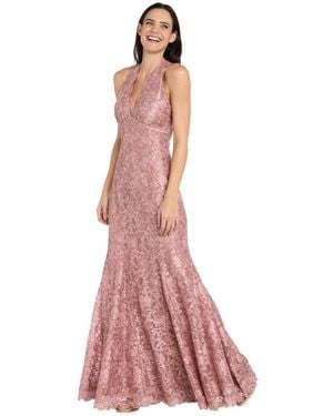 R & M Richards Petite Halter V-neck Stretch Lace Ball Gown - Pink