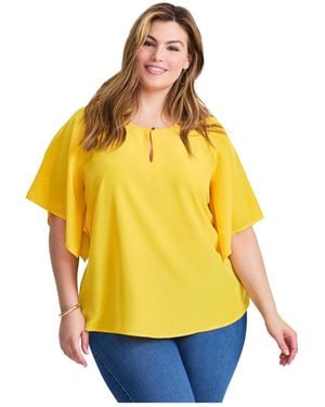Avenue Flutter Sleeve Keyhole Blouse - Yellow