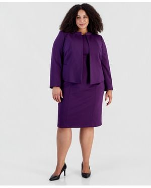 Le Suit Plus Size Stretch Ponte Empire-waist Jacket And Dress - Purple