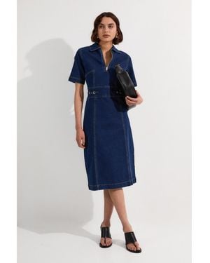 Karen Millen Trim Collared Denim Midi Dress - Blue