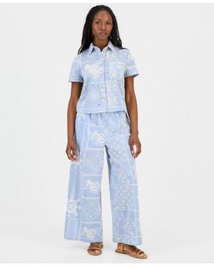 And Now This Petite Embroidered Cotton Wide-leg Pants - Blue