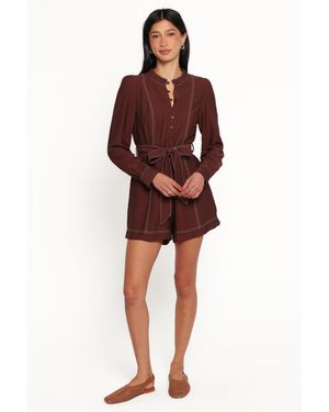 Petal & Pup Benni Long-sleeve High-neckline Button-down Romper - Red