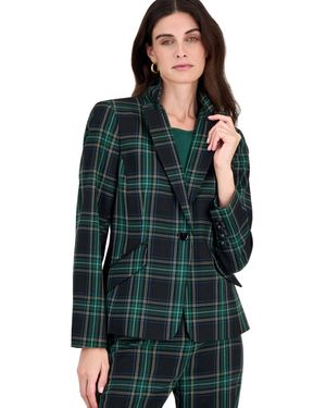 Tahari Plaid Shoulder-padded Stretch Blazer - Green