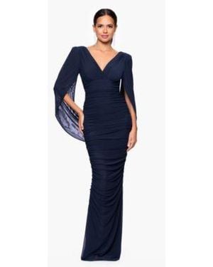 Betsy & Adam Betsy Adam Mesh Cape V Neck Gown Dress - Blue
