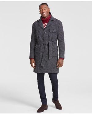 Tayion Collection Classic-fit Birdseye Gray Overcoat - Blue