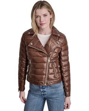DKNY Moto Style Lightweight Puffer Jacket - Brown