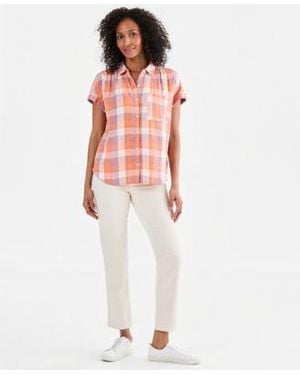 Style & Co. Style Co Plaid Cotton Gauze Button Up Shirt Macys Exclusive - Pink