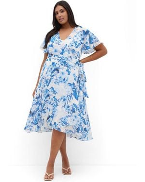 City Chic Plus Size Short Sleeve Print Wrap Midi Dress - Blue