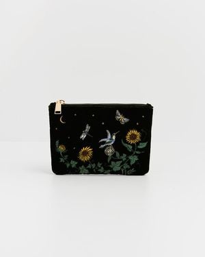 Fable England Sunflower Velvet Embroidered Pouch - Black