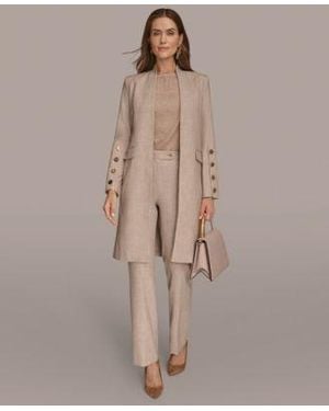 Donna Karan Petites Four Button Long Blazer Coat Sleeveless Boat Neck Tank Top Straight Leg Pant - Brown