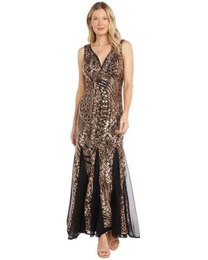 R & M Richards Petite Gatsby Sequin Beaded V-neck Gown - Natural