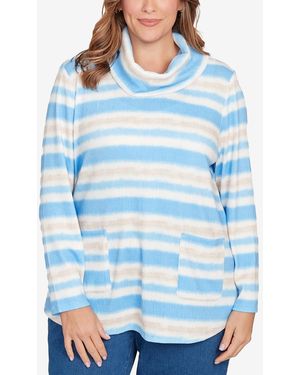 Ruby Rd. Plus Size Ribbed Stripe Patch Pocket Knit Top - Blue