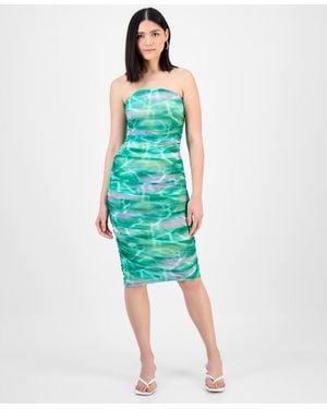 BarIII Printed Ruched Mesh Strapless Dress - Green