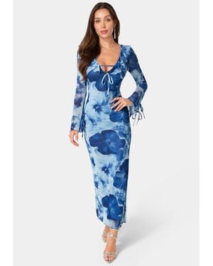 Bebe Long-sleeve Floral-print Ruffle-neck Maxi Dress - Blue