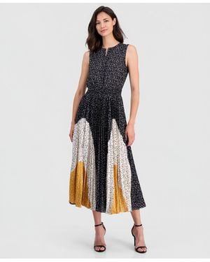 Tahari Printed Split-neck Sleeveless Dress - Blue