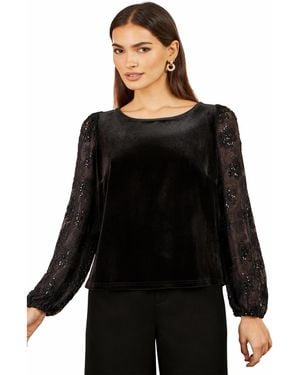 Yumi' Tie-neck Velvet Long-sleeve Blouse - Black