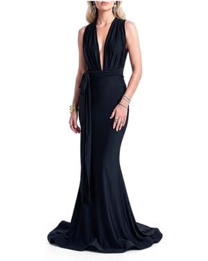 Jessica Angel Plunging V-neck Tie-waist Mermaid Evening Gown - Blue