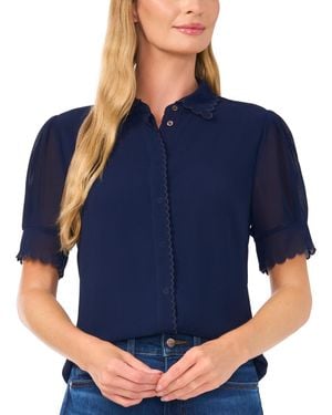 Cece Scalloped Puff-sleeve Button-front Top - Blue